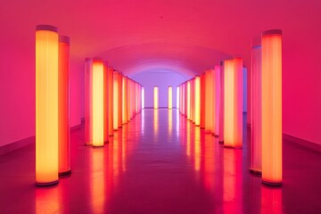 Vibrant, glowing cylindrical columns illuminate a tunnel-like space