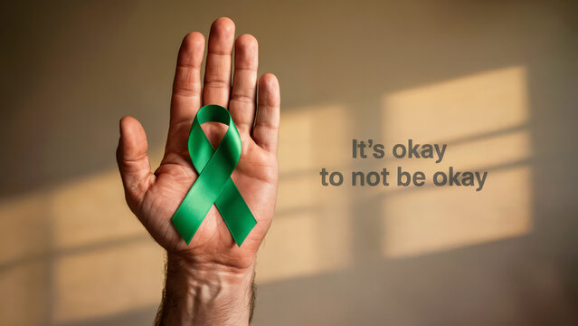 Hand holding a green ribbon symbolizing Men's Mental Health Month, with the message "Men's Mental Health Month" in bold text. The image conveys support and awareness for mental health. Concept of ment