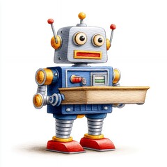 Fototapeta premium Retro Blue and Silver Robot with Wooden Tray on White Background