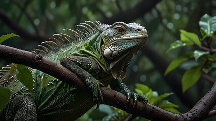 Obraz premium A calm iguana sits still on rain-glossed vines, blinking gently.