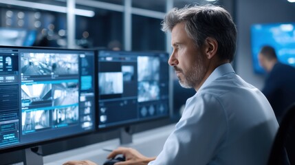 Fototapeta premium A focused man monitors surveillance footage on multiple screens in a high-tech control room, showcasing a modern security setup.