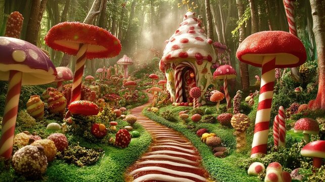 A whimsical candy-themed forest path leads to a sugary dwelling.