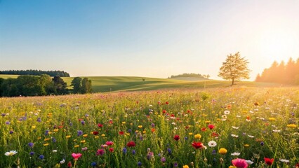 Obraz premium This image captures a beautiful, peaceful landscape of a wildflower field with red, yellow, white, and purple blossoms, with a prominent tree and gentle hills under a sunny sky