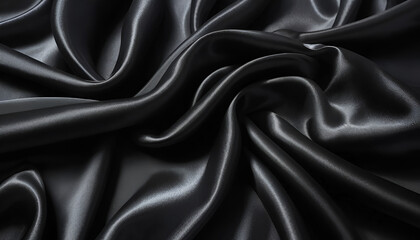 Fototapeta premium Draped black satin fabric. Close-up view of luxurious folds