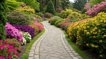 Fototapeta premium This image captures a picturesque scene of a stone path curving through a lush garden bursting with pink, red, purple, yellow, and white flowers and bushes
