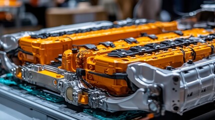 Fototapeta premium Close up view of an orange and silver electric vehicle battery pack, showcasing intricate details and industrial design.