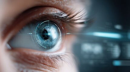 A close-up of an eye with a futuristic, digital overlay, showcasing advanced technology and enhancement.