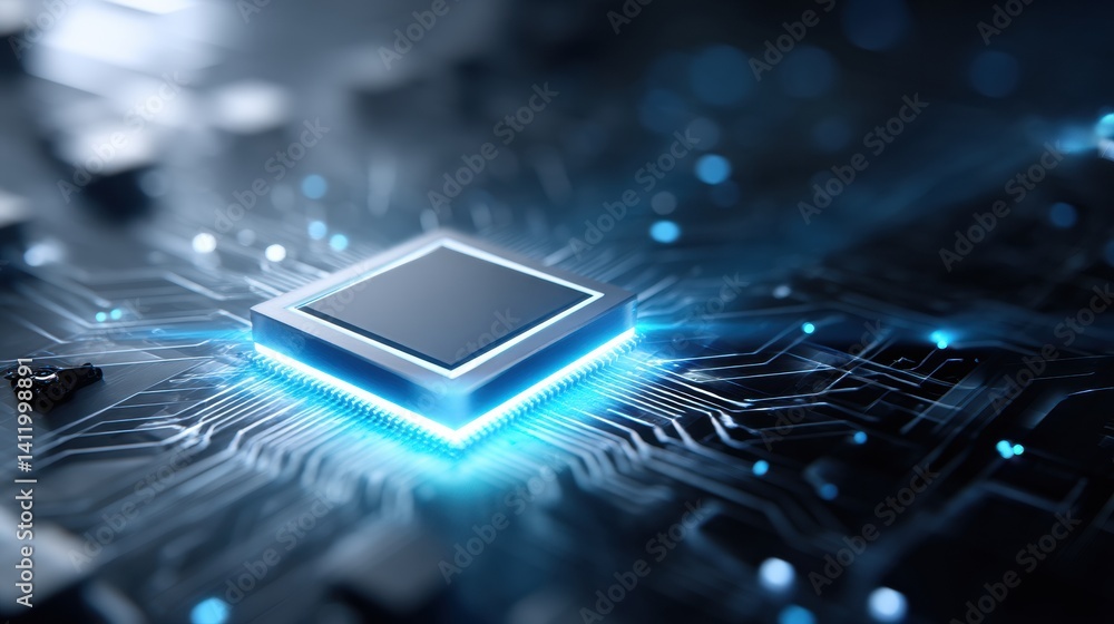 Aufkleber a close-up view of a microchip surrounded by blue glowing circuitry, representing advanced technolog