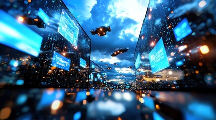 Futuristic city street with digital displays and flying vehicles