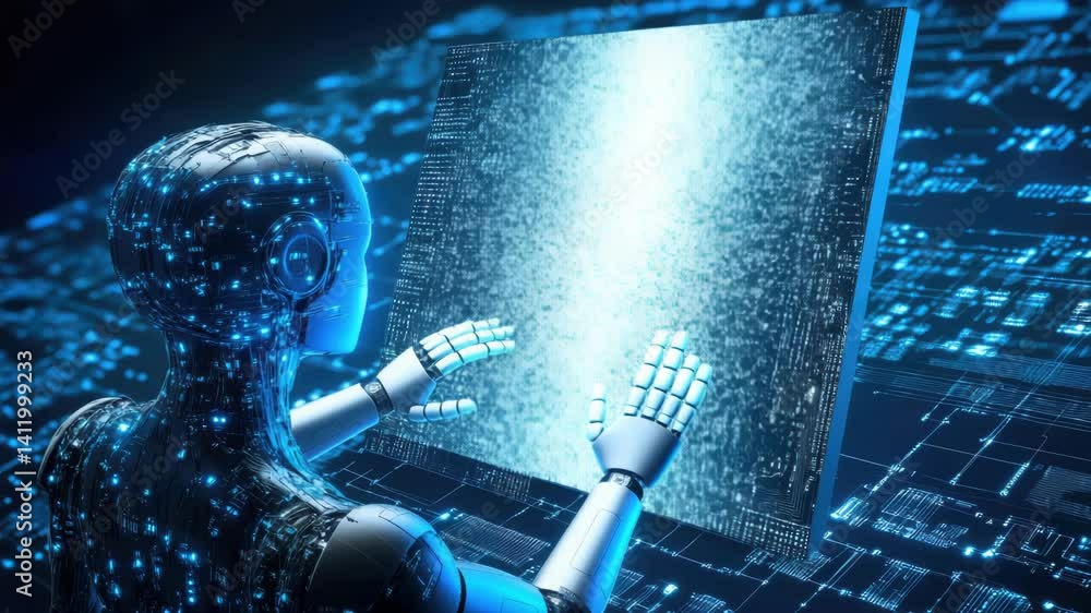Poster futuristic ai humanoid with a glowing digital head, composed of circuits data patterns,standing in a