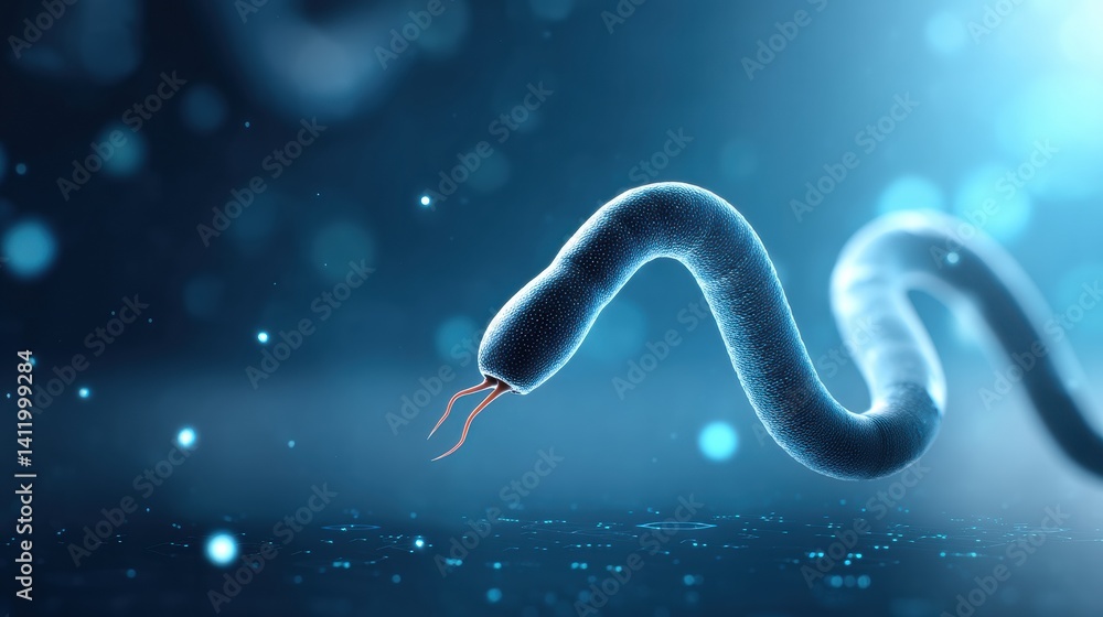 Poster a digitally rendered snake-like creature glides through a blue-hued environment, with glowing partic