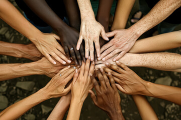 Group of people with different skin tones are holding hands in a circle. Concept of unity and togetherness, as people of different races and backgrounds come together to form a circle