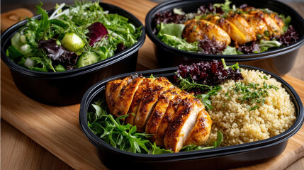 Healthy meal prep with grilled chicken, quinoa, and fresh salad