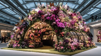 A stunning floral installation resembling a greenhouse.