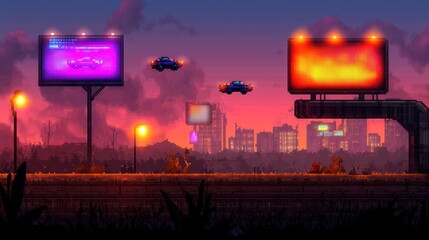 Obraz premium Pixel art futuristic cityscape at sunset with flying cars and billboards