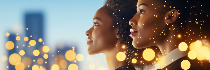 Fototapeta premium Two women in profile showcasing confidence and strength with glowing bokeh in an urban setting. Bright city skyline background emphasizes empowerment and inspiration