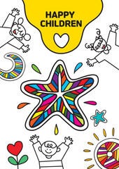Children's Day poster background illustration with stars, sun, moon and cute little characters
