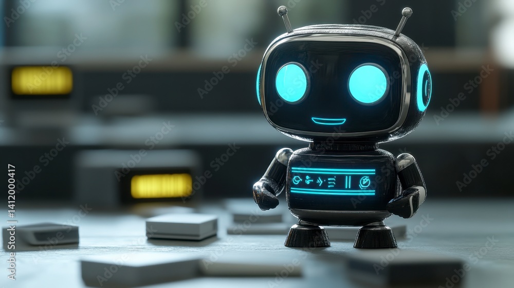Poster friendly robot with glowing blue eyes stands on a gray surface among smaller cubic objects, illumina