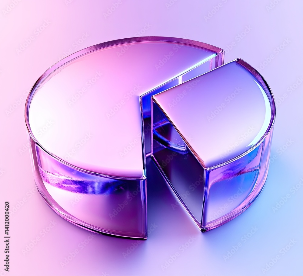 Poster shiny 3d pie chart model with one piece pulled away on gradient background