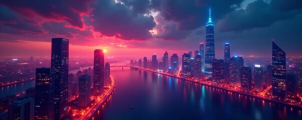Futuristic cityscape with glowing skyscrapers and stock market data overlay, overlay, digital