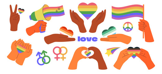 Diversity Hands with LGBT rainbow flag pride month symbols