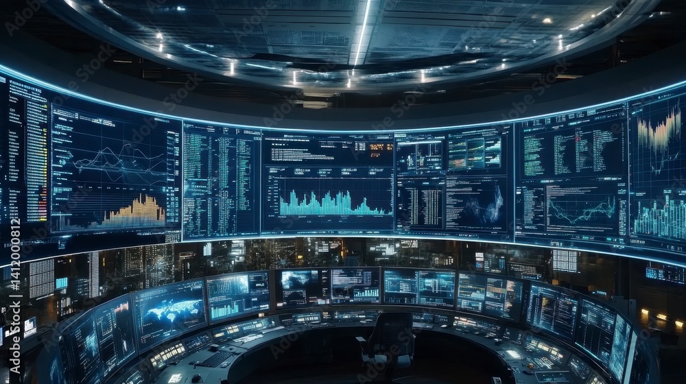 Poster futuristic control room with curved screens displaying dynamic data visualizations in dark blue and 