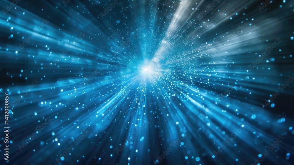 Poster a stunning abstract representation of blue light beams diverging in a dark space, creating a mesmeri