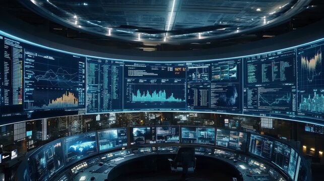 Futuristic control room with curved screens displaying dynamic data visualizations in dark blue and teal hues.