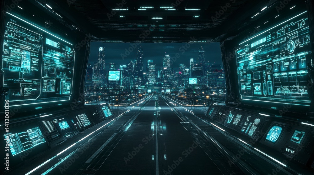 Poster futuristic highway at night, city skyline viewed through a digital interface with glowing cyan scree