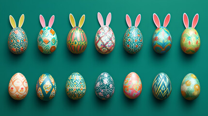 Decorative vertical Easter eggs with various patterns and bunny ears arranged on vibrant green background