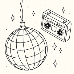 Minimalist Line Art Disco Ball Illustration – Hand-Drawn 70s Party Symbol Vector