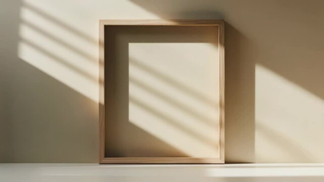 Wooden frame leaning on a beige wall. Flat lay style. Simple wooden frame. Straightforward wooden frame. Organic wooden frame.