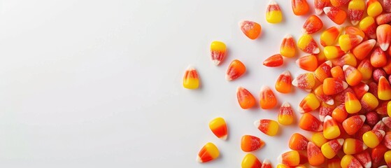 Fototapeta premium Halloween candy and pumpkins on colorful background. Flat lay composition with copy space for holiday and festive design. Top down aerial view of vibrant color candy scattering at background. AIG55.