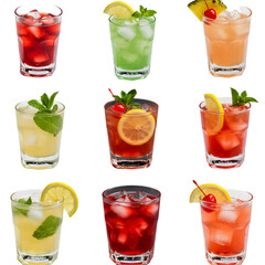 Refreshing Iced Cocktails with Fruit and Mint, on Transparent Background
