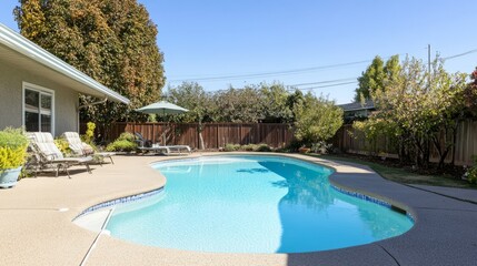 A tranquil home garden pool under natural sunlight, soft surroundings blurring into serenity. Peaceful outdoor retreat.
