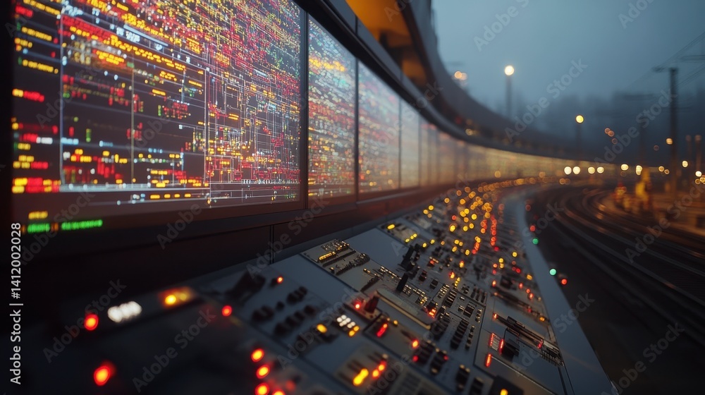 Poster night scene of a control panel with glowing monitors displaying complex data, situated alongside tra