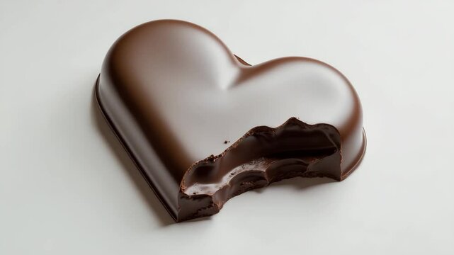 Chocolate heart shape with a bite taken out on background