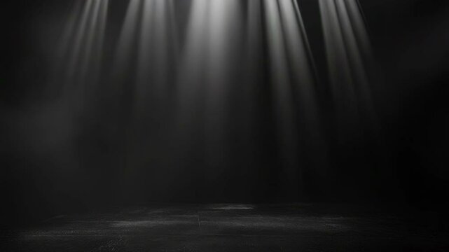Dramatic beams of light cutting through smoky black theatre stage background. Modern theater backdrop, concert scene, artistic presentations intro. Empty blank copy space for text.