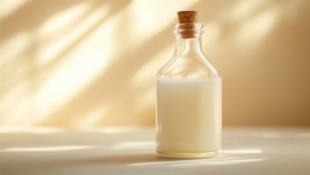 Elegant Glass Bottle of Milk with Cork Stopper on Light Background