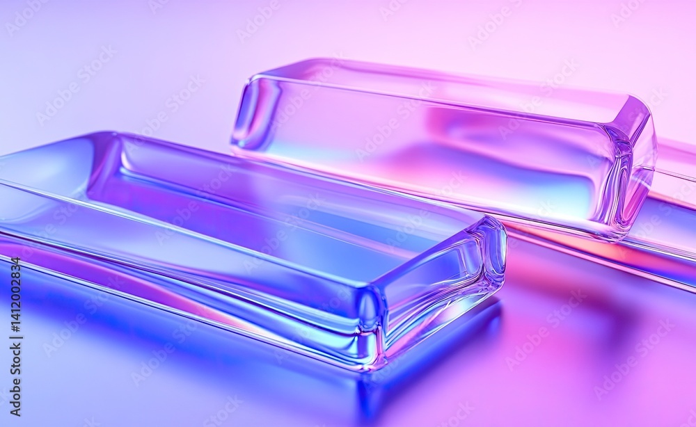 Poster two glassy rectangular shapes with blue and pink gradient reflective surface
