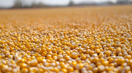 A boundless expanse of golden corn kernels filling a sprawling agricultural field under a cloudy sky