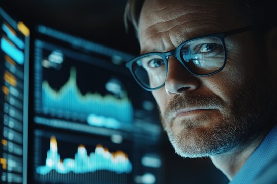 Caucasian mature male analyzing data on computer screens in dark room