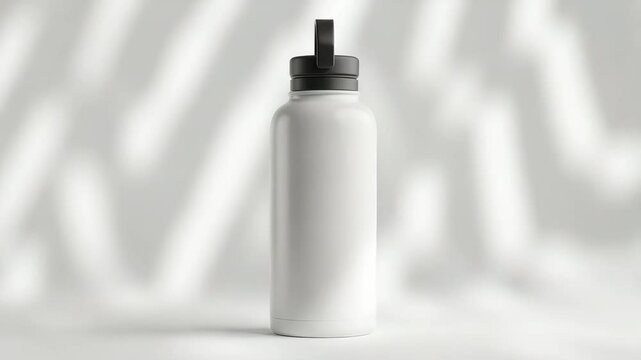 Sleek white modern travel flask. Unfilled traveler bottle & drink holder design on plain backdrop. Insulated mug for hot or cold drinks, water, tea & coffee. Suitable for mockup & branding.
