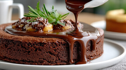Obraz premium Decadent chocolate cake topped with rich ganache and garnished with fresh herbs