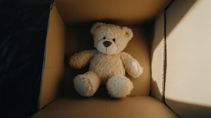 Sad teddy bear left in cardboard box, symbol of childhood memories and moving away