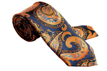 Elegant blue and orange paisley tie resting on a smooth surface, showcasing intricate design details isolated on transparent background