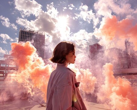 cinematic female portrait with pastel smoke Edgy Dreamy Grainy A woman stands amid colorful smoke clouds. c20 grunge haze dreamy urban fashion scene in sunlight