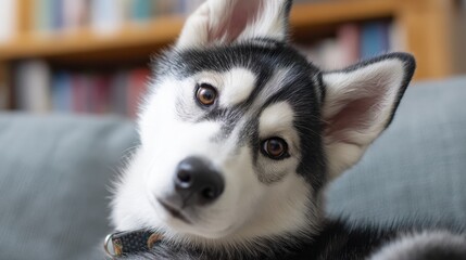 Obraz premium Portrait of a Husky with its head tilted, curious expression - portrait coat wildlife black