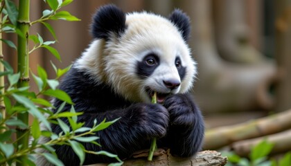 Obraz premium Adorable young panda meticulously munching on bamboo in a tranquil natural habitat surrounded by lush greenery