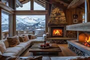 A luxury ski resort chalet with a crackling fireplace and panoramic mountain views. The rustic yet elegant furnishings, heated floors, and private butler service make it the perfect winter retreat. A 